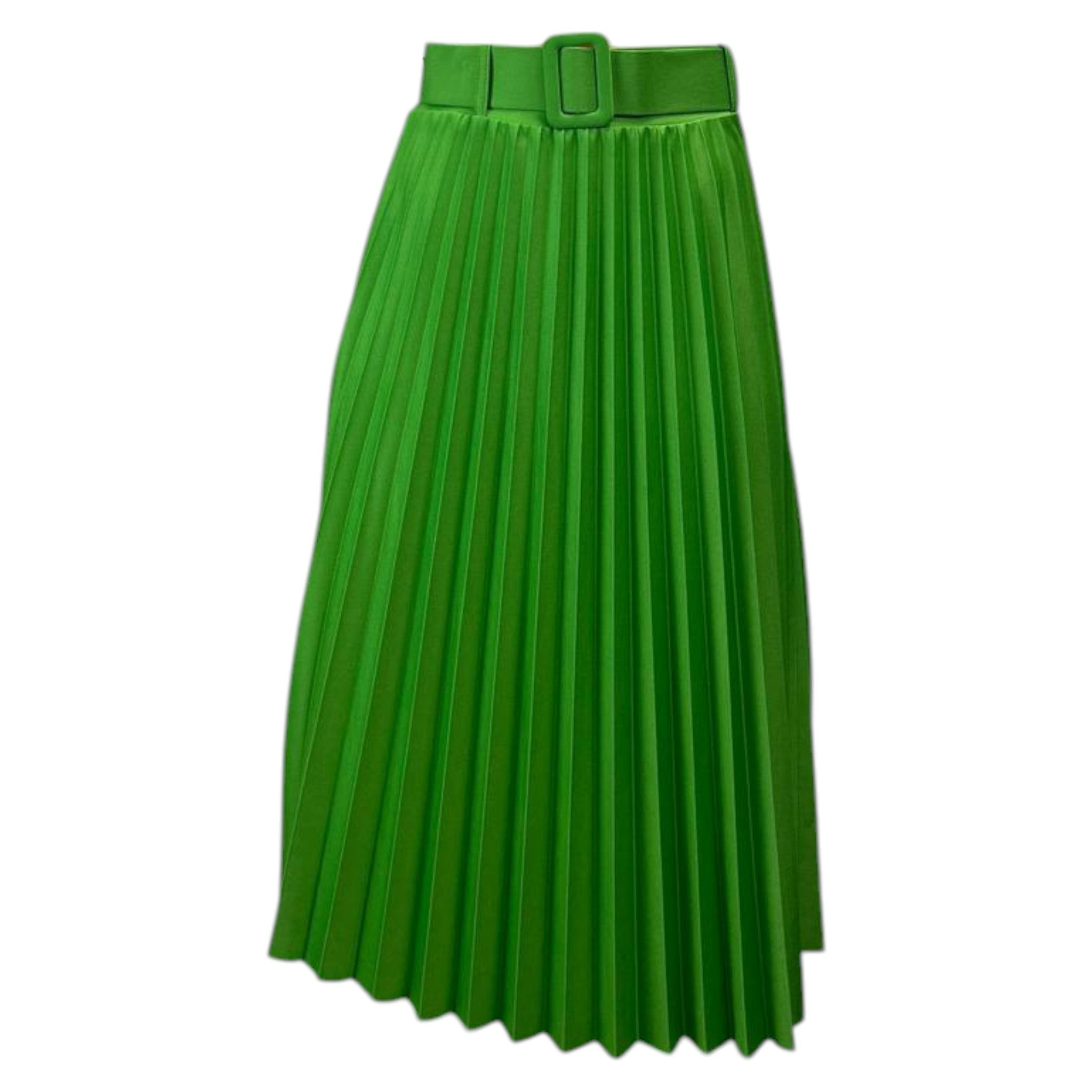 Women's vibrant kelly green pleated midi skirt with belt – elegant high-waisted A-line design, ideal for formal and casual wear